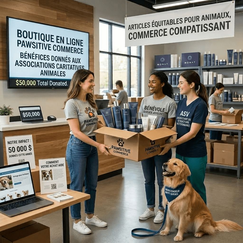 Three women holding a box of pet supplies and donation certificates with a golden retriever wearing a bandana